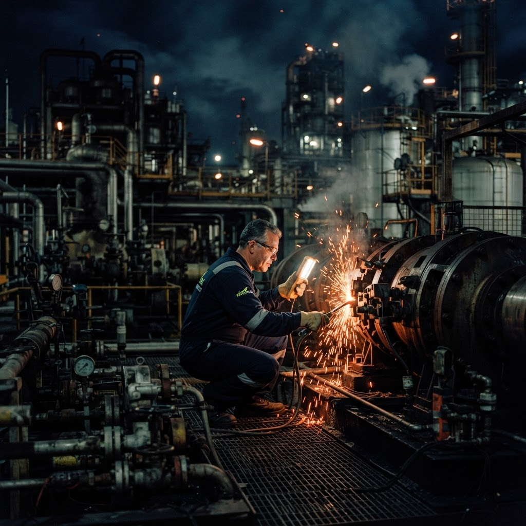Técnico de mantenimiento industrial inspeccionando maquinaria en una planta